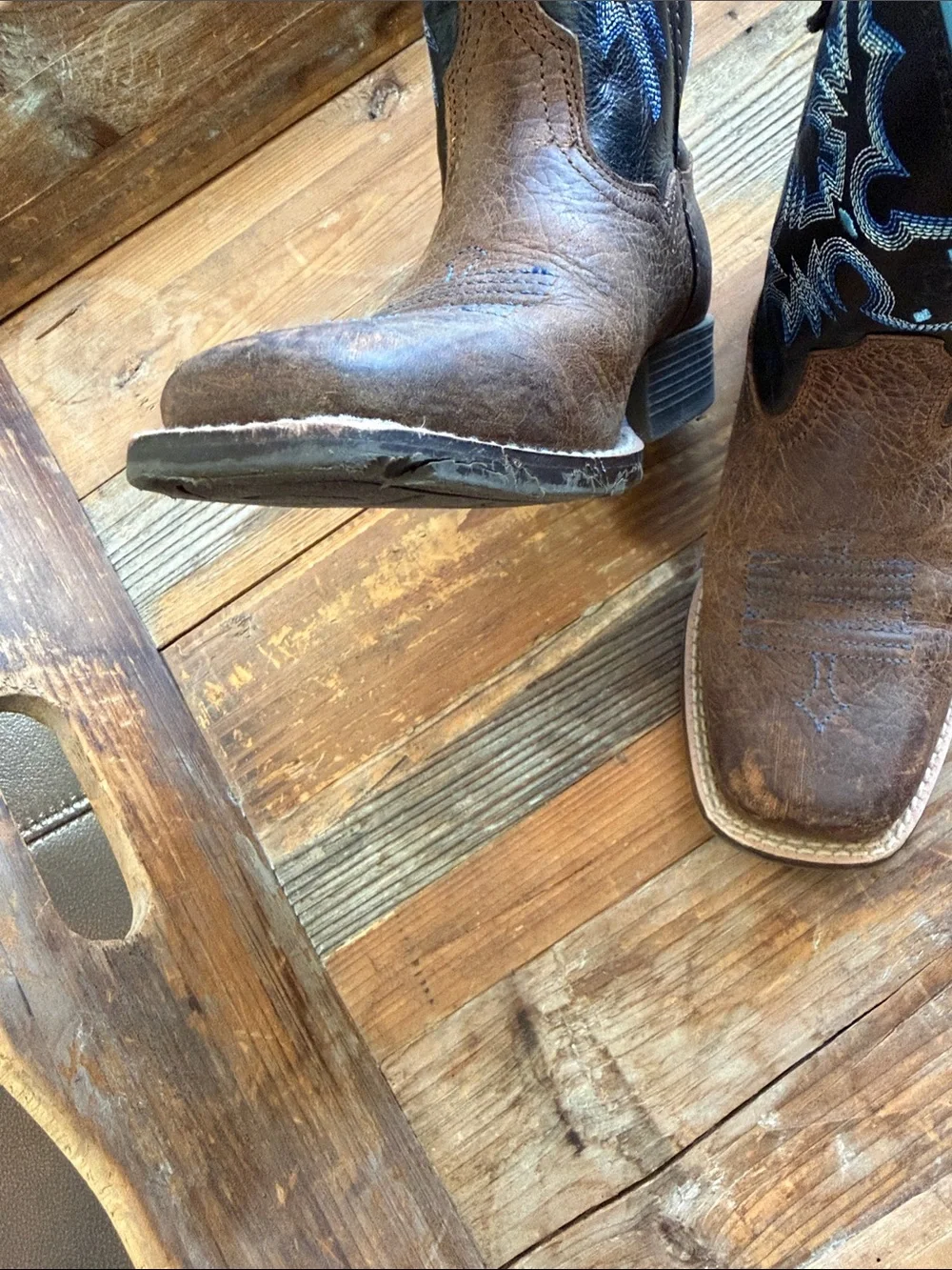 Ariat Brown and Black Kids Western Boots with Blue Embroidery